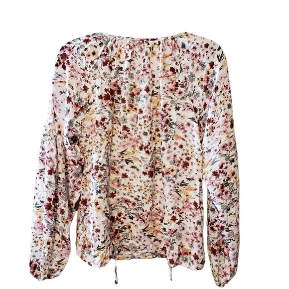 Andrée By Unit Red Olive & Mustard Floral Long Sleeve Blouse Tie Neck Size S - Picture 3 of 15